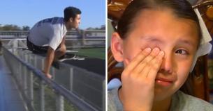Mamá está viendo a su hija animadora actuar desde las gradas cuando de repente ve a un joven que salta la valla para ir corriendo hacia ella. Mamá está viendo a su hija animadora actuar desde las gradas cuando de repente ve a un joven que salta la valla para ir corriendo hacia ella.