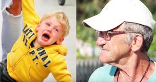 Una mujer se ríe de cómo un abuelo trata a un niño malcriado. Una mujer se ríe de cómo un abuelo trata a un niño malcriado.
