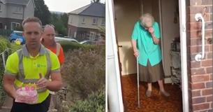 Eine 100-jährige Dame vergoss Freudentränen, als die Männer von der Müllabfuhr sie mit einem rosa und weißen Geburtstagskuchen überraschten, nachdem sie versprochen hatten, zu ihrem Geburtstag zu kommen, wenn sie es bis 100 schafft Eine 100-jährige Dame vergoss Freudentränen, als die Männer von der Müllabfuhr sie mit einem rosa und weißen Geburtstagskuchen überraschten, nachdem sie versprochen hatten, zu ihrem Geburtstag zu kommen, wenn sie es bis 100 schafft