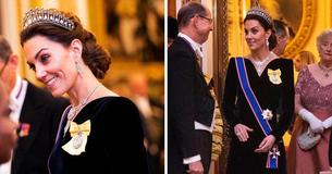 Kate Middleton Wears Tiara And Velvet Gown For Queen Elizabeth's Pre-Christmas Party At Buckingham Palace Kate Middleton Wears Tiara And Velvet Gown For Queen Elizabeth's Pre-Christmas Party At Buckingham Palace