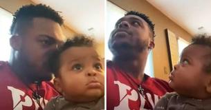 Vader ruikt verschillende keren aan het haar van zijn baby de grappige reactie van de baby is gewoon te schattig om te negeren Vader ruikt verschillende keren aan het haar van zijn baby de grappige reactie van de baby is gewoon te schattig om te negeren