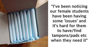 Kvindelig kollega konfronterer mandlig lærer for at have leveret en kurv fuld af tamponer og bind til sine elever Kvindelig kollega konfronterer mandlig lærer for at have leveret en kurv fuld af tamponer og bind til sine elever