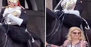 Guarda da rainha grita com mulher envergonhada por tocar no seu cavalo Guarda da rainha grita com mulher envergonhada por tocar no seu cavalo