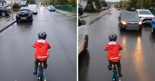 Vader reageert boos op automobilist die rakelings langs zijn fietsende 5-jarige zoon reed. Vader reageert boos op automobilist die rakelings langs zijn fietsende 5-jarige zoon reed.